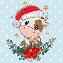 Cartoon Bull In Santa Hat With Christmas Wreath