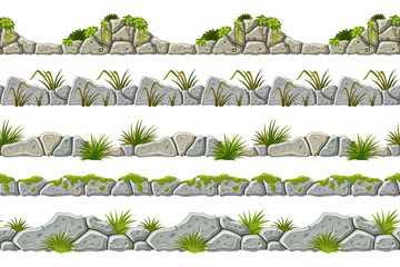 Wall Mural - Set of seamless old gray border with liana branches, grass, leaves and moss. Vector stone sidewalks for computer games isolated on white background.