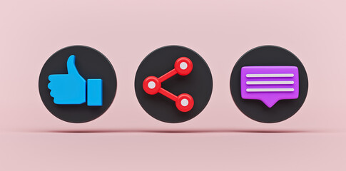 Fototapete - Like, share and comment. Social network signs, icon set. minimal design. 3d rendering