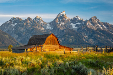 Moulton Barn with the Grand Teton mountain range in the background