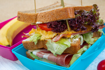 sandwich with egg, bacon and tomato salad with vegetables