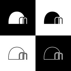 Poster - Set Igloo ice house icon isolated on black and white background. Snow home, Eskimo dome-shaped hut winter shelter, made of blocks. Vector.