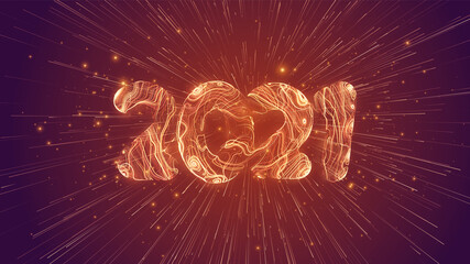 Poster - Vector 2021 text constructed with glowing lines and lightspeed burst on background. Bright Happy New Year illustration. Abstract greeting card.