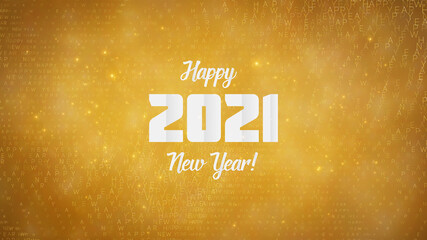 Poster - Happy New Year 2021. Wavy background with golden glowing Happy New Year and greeting text. Vector shiny Illustration with sparks for luxury holiday greeting card, cover etc.