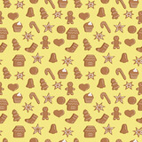 Fototapeta Dziecięca - New Year and Christmas cookies seamless pattern, vector illustration, hand drawing, yellow background