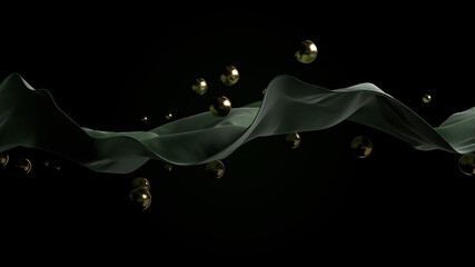Poster - 3d render of realistic folded curvy fabric cloth with gold metal spheres. Abstract composition.