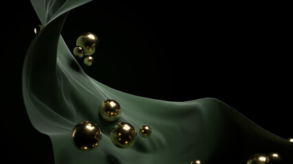 Poster - 3d render of realistic folded curvy fabric cloth with gold metal spheres. Abstract composition.