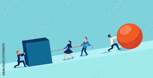 Fotomural Vector of a smart businessman pushing a sphere leading the race against a team of slower business people pushing a box