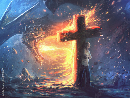 Dragon fire and cross Poster Mural XXL