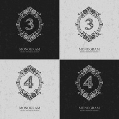 Number three and four calligraphic graceful template, Vector illustration