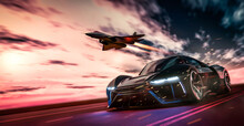 Futuristic Sports Car Racing With Fighter Jet On Dramatic Cloudy Environment (3D Illustration)