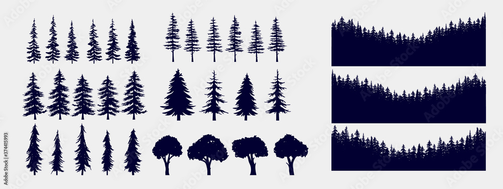 Tree and forest silhouettes - Vector illustration collection of trees and wilderness objects to create your own nature scene. - obrazy, fototapety, plakaty 