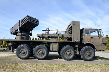 Multiple rocket launcher. Fully automated self-propelled multiple rocket launcher. Exhibition of weapons, military and security equipment. 
