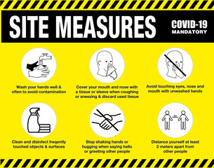 site measures mandatory or site safety sign or health and safety protocols on construction site or best practices new normal lifestyle concept. eps 10 vector, easy to modify
