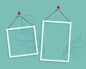 two hanging photo frames blank background design