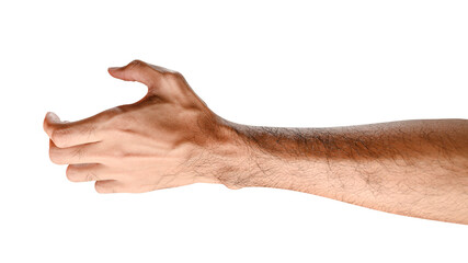 isolated of male caucasian hand holding something like a bottle or can.