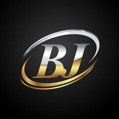 Wall Mural - initial letter BJ logotype company name colored gold and silver swoosh design. isolated on black background.