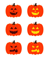 Wall Mural - Vector illustration set of halloween pumpkins, scary and funny pumpkin faces, vector jack o lantern facial expressions characters.