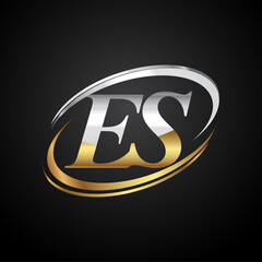 initial letter ES logotype company name colored gold and silver swoosh design. isolated on black background.