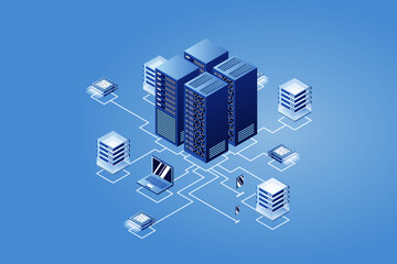 Poster - Concept of data network management .Vector isometric map with business networking servers  computers and devices.Cloud storage data and synchronization of devices.3d isometric style