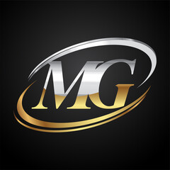 Poster - initial letter MG logotype company name colored gold and silver swoosh design. isolated on black background.