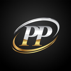 Wall Mural - initial letter PP logotype company name colored gold and silver swoosh design. isolated on black background.