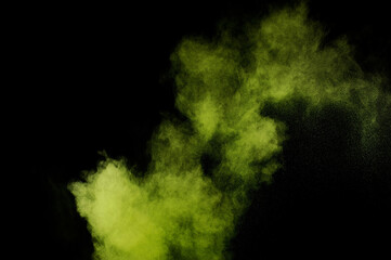 Light green powder explosion on black background. Colored powder cloud. Colorful dust explode. Paint  Holi.