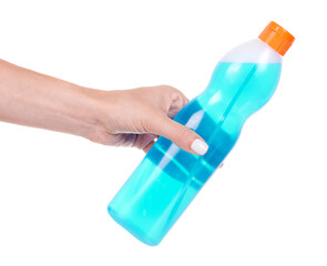 Hand with blue window cleaner in bottle, isolated on white background.