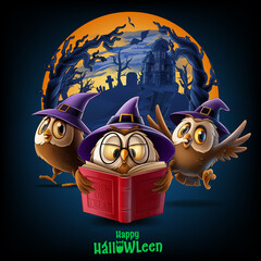 Wall Mural - owls with wizard hat in halloween horror scenery