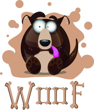 Cartoon Character Of A Brown Dog With His Tongue Out. Inscription Woof Composed Of Bones. Beige Background. Suitable For Printing Products For Children.