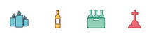 Set Burning Candles, Bottle Of Wine, Bottles Box And Tombstone With Cross Icon. Vector.