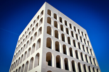 Palace of the Civilization of Labor Eur Rome. Bottom view of the cubic building.