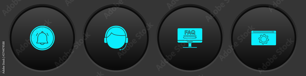 Set Button chat notification, Man with headset, Monitor FAQ information and Setting icon. Vector. - obrazy, fototapety, plakaty 