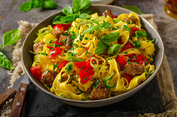 Wall Mural - Chinese noodles with pork meat and herbs