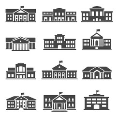 Wall Mural - School, university bold black silhouette icons set isolated on white. College buildings.