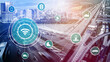 © InfiniteFlow - Smart transport technology concept for future car traffic on road . Virtual intelligent system makes digital information analysis to connect data of vehicle on city street . Futuristic innovation .