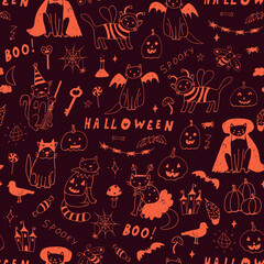 Wall Mural - Halloween cats hand drawn doodle seamless vector pattern