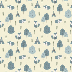 Wall Mural - Arctic fox and trees colorful seamless pattern. Vector design for fabric and paper, winter foxes and forrest texture.