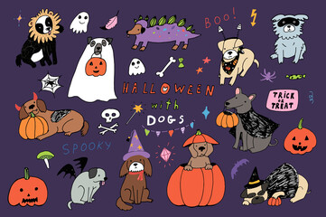 Wall Mural - Halloween with dogs hand drawn doodle vector illustrations set