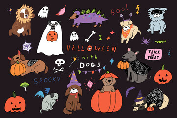 Wall Mural - Halloween with dogs hand drawn doodle vector illustrations set