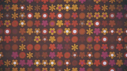 Retro 1970s floral pattern motion background animation with various cute flowers in warm vintage tones. Seamless loop. 