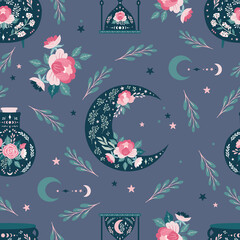 seamless pattern background, digital paper with mystical moon, enchanting whimsical flowers, celesti