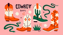 Various Cowboy Boots. Different Ornaments. Wild West Clipart Icons. Rattlesnake Viper, Stars, Cactus, Grass. Hand Drawn Colored Vector Set. All Elements Are Isolated