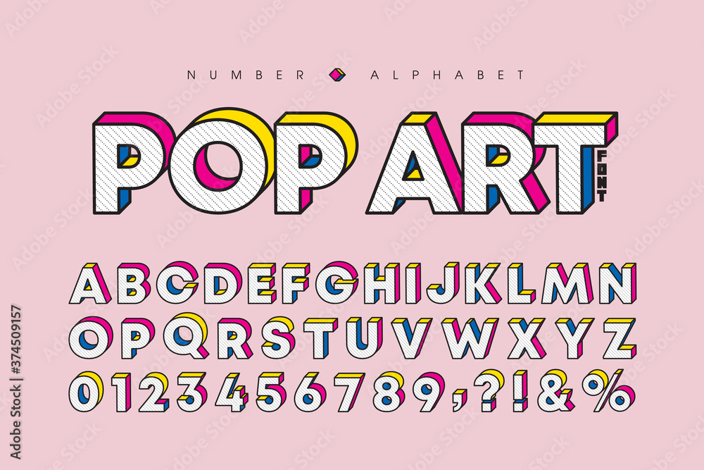 Modern pop art 3 dimensional letters and number set. Stylish bold font or typeface for headline, title, poster, web design, brochure, layout or graphic print. Flat vector 3D alphabet & number. - obrazy, fototapety, plakaty 