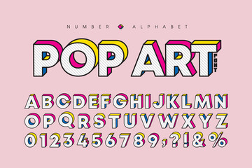 Modern pop art 3 dimensional letters and number set. Stylish bold font or typeface for headline, title, poster, web design, brochure, layout or graphic print. Flat vector 3D alphabet & number.