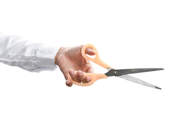 Man hand holding scissors isolated on white background with clipping path.