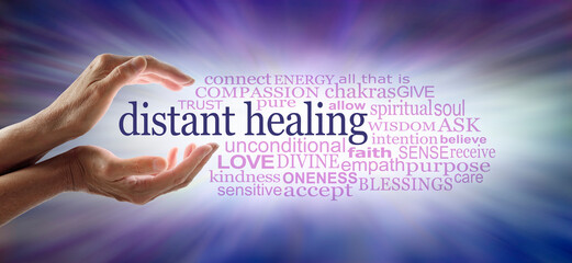 Wall Mural - Light worker sending high frequency distant healing word  cloud concept - cupped hands with white light between and a DISTANT HEALING word cloud against an outward streaming blue energy field 
