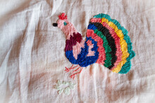 Colorful Peacock Handmade Embroidered Smooth Decoration On White Fabric , Vintage Folk Embroidery In Belarus, Second Half Of 19 Century