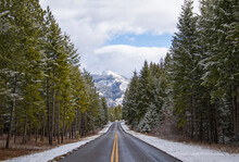 Original Photograph Of A Straight Road Through The Forest Heading Toward The Mountains In The Winter With Snow