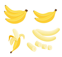 Canvas Print - Yellow isolated banana fruit whole and chopped with peel and without. Vector Set